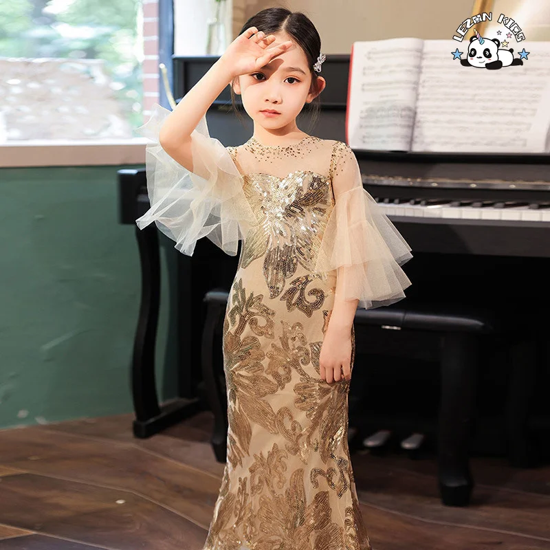 LEZONKIDS - Novo Vestido de Sereia Emborrachado com Lantejoulas Douradas para Meninas, Vestido de Gala para Festa de Aniversário e Apresentação